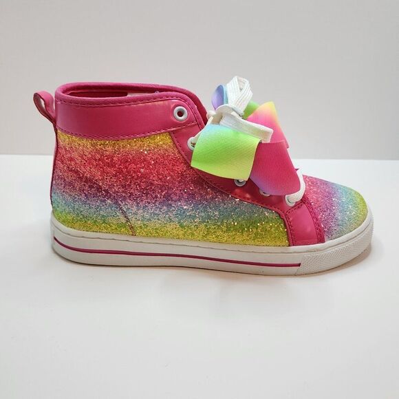 JoJo Siwa Girl's Rainbow Glitter Sneakers | Size 4 | Pink Bow, Laces, High Top - Picture 4 of 7